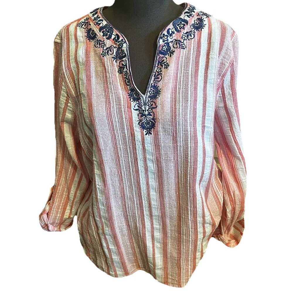 Ruby Rd. Coral/White XL Striped Embroidered V-Neck Tab Sleeve Cotton - Picture 1 of 4